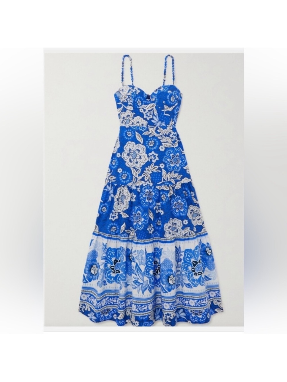 FARM Rio Blue and White Floral Tiered Midi Dress - Picture 1 of 6